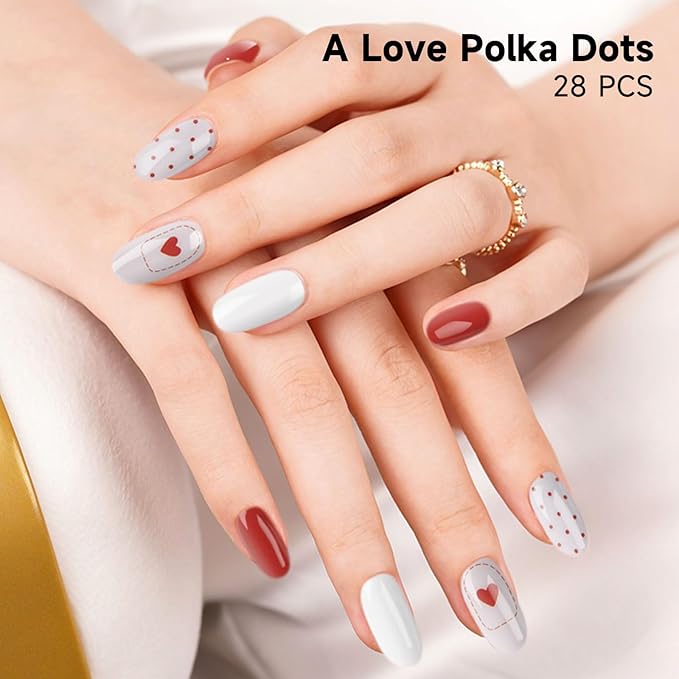 Semi Cured Gel Nail Strips, 28 pcs UV Gel Nail Stickers Full Nails Wraps for Women Home DIY Nails Art, UV Light Required(Love Polka Dots)