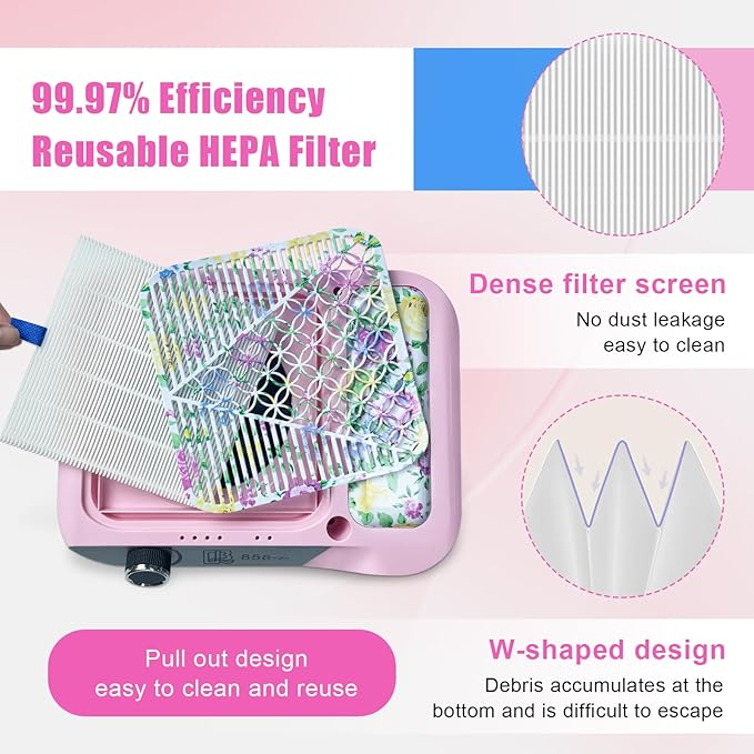 Nail Dust Collector,180W Power Suction, Dust Vacuum Fan Extractor with Reusable Filter for Nail Tech, Acrylic Gel Polish Manicure Pedicure Tool, Salon & Home,Pink