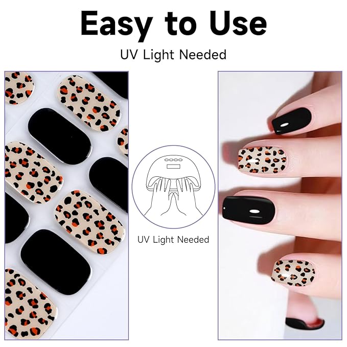 Semi Cured Gel Nail Strips (Black Leopard Print), 28 pcs Gel Nail Stickers, Work with Any UV Lamps, Long-Lasting NailWraps for Women, Salon Quality, Easy to Apply & Remove, Nail Art DIY