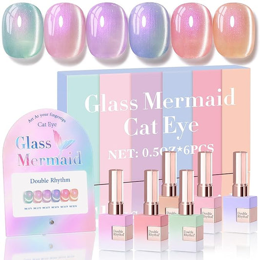 Double Rhythm Cat Eye Gel Nail Polish Set of 6 Same Color Same Bottle 0.5 Oz Shimmer Glitter with Magnet Holographic Reflective Magnetic UV Nail Polish Kit at Home (Mermaid Pink Rose-T6-31)