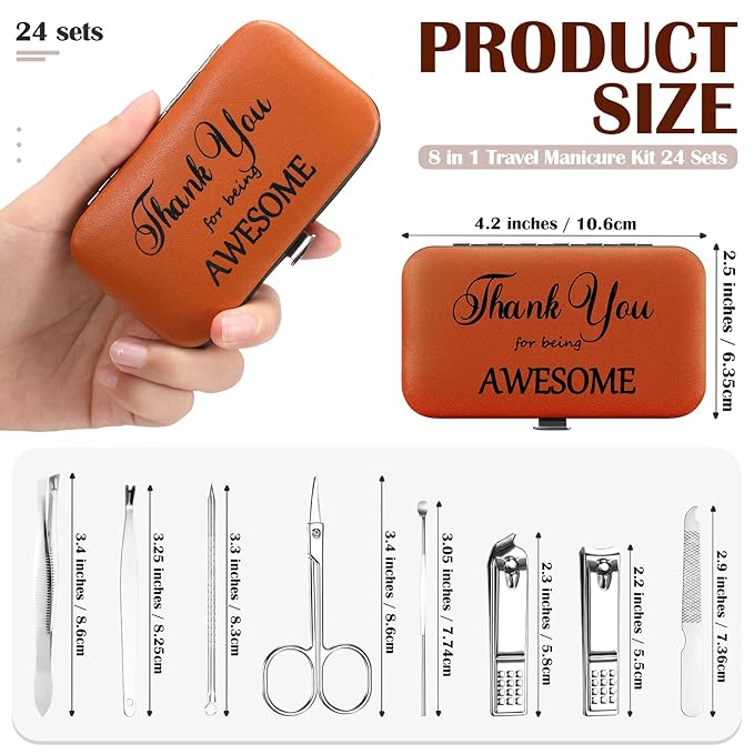 Therwen 24 Sets Manicure Set Nail Clippers 8 in 1 Stainless Steel Grooming Nail Kit Thank You Appreciation Gift Professional Pedicure Tool for Men Women Personal Care(Brown)