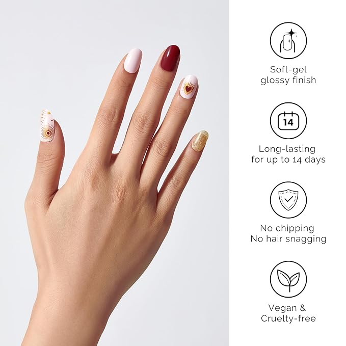 Semi Cured Gel Nail Strips - NAILOG 34 Pcs Red Brown Gold Glitter Nail Stickers Extra Long Wraps with Glossy Gel Finishing for Autumn Winter, My Queen
