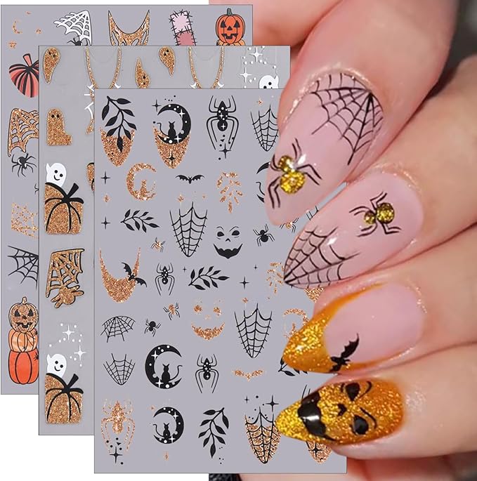5 Sheets Halloween Nail Art Stickers 3D Self-Adhesive Gold Silver Halloween Nail Decals Glitter Pumpkin Spider Web Bat Ghost Nails Stickers Holiday Nails Art Supplies for Women DIY Manicure Art Kit