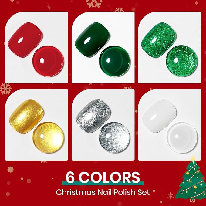 Christmas Nail Polish Set, 6 Colors Red Green Gold Silver Mini Nail polish Non Gel, Quick Dry Fast Drying Fingernail Lacquer for Women Girls Christmas Manicure Salon DIY Home