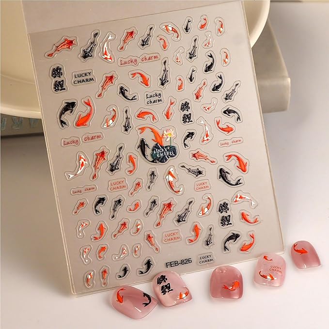 Fish Nail Art Stickers Summer Nail Stickers 5D Embossed Koi Fish Nails Decals Star Design Self Adhesive Nails Supplies for Women