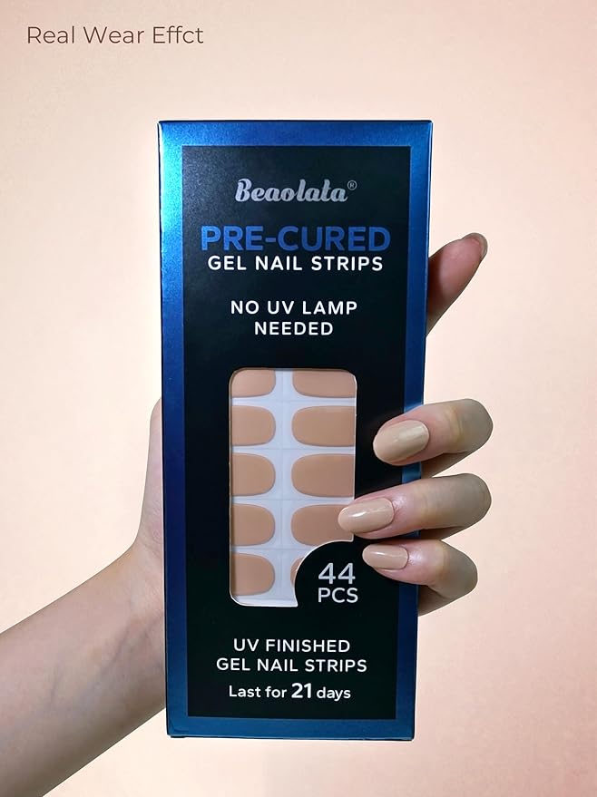 Pre Cured Gel Nail Strips - 44PCS Salon Quality Gel Nail Stickers - Long Lasting Polish Wraps for Women no UV Light Needed Easy Apply& Remove (Coconut Milk Nude)