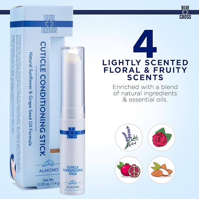 Blue Cross Cuticle Balm Conditioning Stick, Scented Cuticle Softener Oil Balm with Nourishing Sunflower & Grape Seed Oil, Professional Nail Care Supports Dry + Damaged Cuticles, 0.05oz, Almond