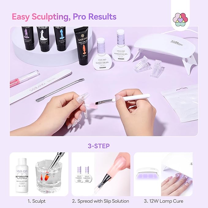 SAVILAND Poly Gel Nail Kit Starter: 15 Poly Gel Nail Colors for 28 Days Long-Lasting, All-in-1 Poly Nail Gel Kit with Slip Solution U V/LED Lamp, Suitable for Trendy Nail Art Home Salon Daily DIY