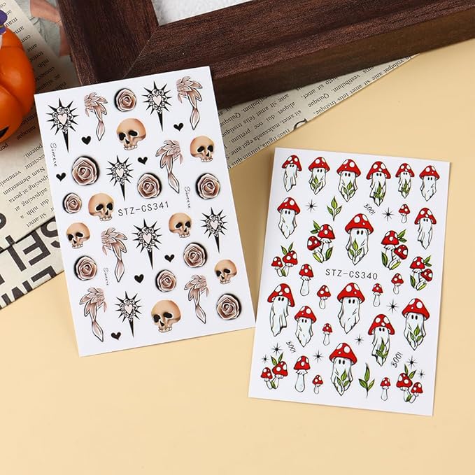Halloween Nail Art Stickers Decals 3D Skull Mushroom Ghost Halloween Nail Stickers 6PCS Rose Flowers Love Heart Leaf Design3D Self-Adhesive Nail Decals Manicure Supply for Holiday Nail Art Decorations