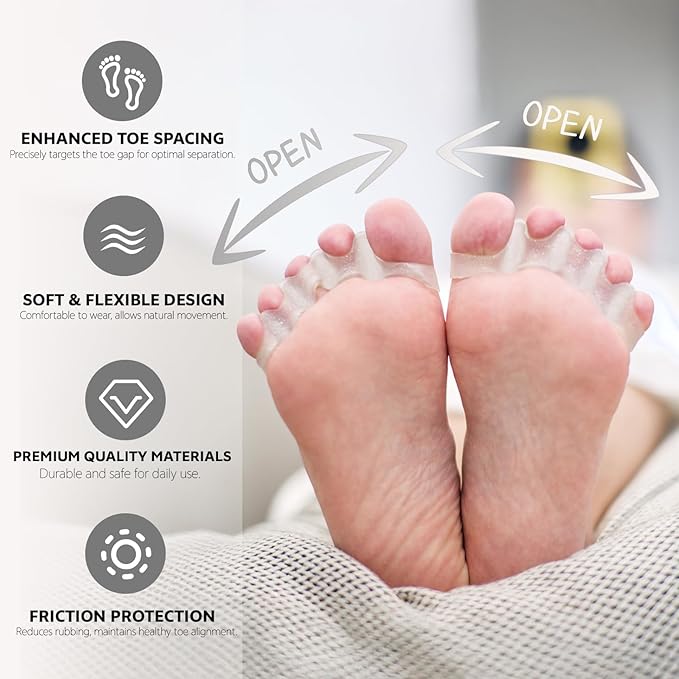 Durable Unisex Toe Separators with Sparkle Design for Yoga & Daily Use - Flexible Silicone toe Spacers for Bunions, One-Size-Fits-All for Men & Women (2PCS) (Transparent)