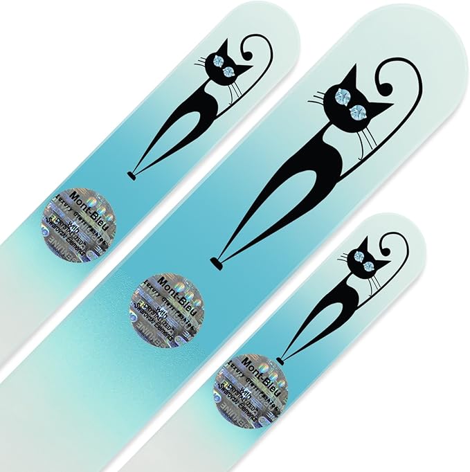 Mont Bleu Set of 3 Cats Crystal Nail Files Hand Decorated with Crystals from Swarovski® | Hand Made, Czech Tempered Glass, Lifetime Guaranty, Glass Nail Files for Natural Nails