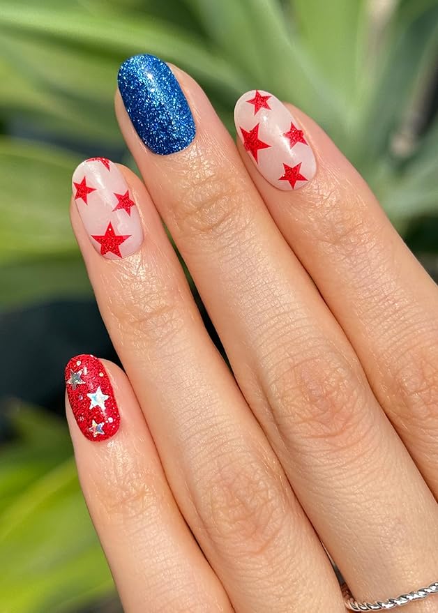 ohora Semi Cured Gel Nail Strips (N Liberated Stars) - Works with Any Lamps, Salon-Quality, Long Lasting, Easy to Apply & Remove - Includes 2 Prep Pads, Nail File & Wooden Stick