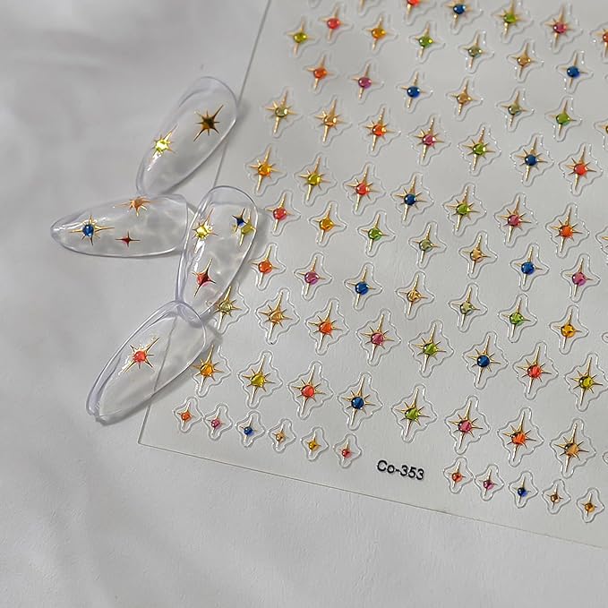 Star Nail Art Stickers, Colorful Cross Star Rhinestones Gold + Jelly Nail Design Shiny Mini Stars Nail Art Supplies 5D Relief Self Adhesive Decor Sticker DIY French Manicure Decal for Women