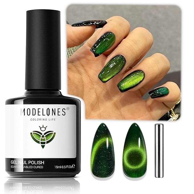 modelones Cat Eye Gel Nail Polish, 15 ML Jelly Glass Green Gel Polish with Magnet Holographic Glitter Shimmer Translucent Sheer Color Magnetic Spring Nail Polish Top Coat Salon DIY at Home