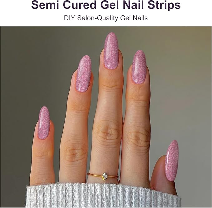 Semi Cured Gel Nail Strips, 28 pcs Gel Nails Stickers for Women Work with Any UV Lamp, Long Lasting UV Gel Nail Strips for Home DIY Nails Art (Peachy Red Glitter)