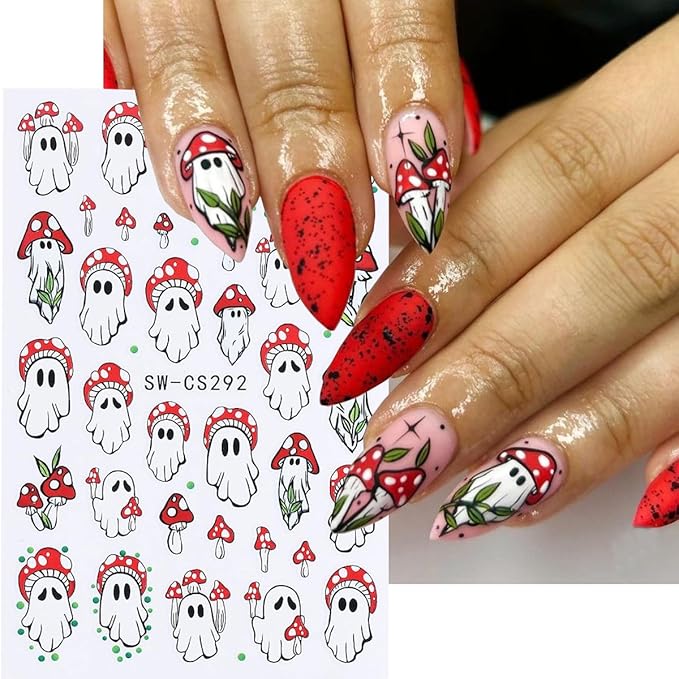 Halloween Nail Art Stickers Decals Ghost Pumpkin Halloween Design Nail Decals 3D Self-Adhesive Nail Art Supplies 6PCS Mushroom Ghost Moon Pumpkin Nails Deign Stickers for Women DIY Nail Decorations