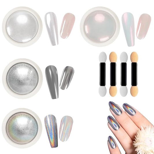 4 Jars Pearl Chrome Nail Powder Set, Metallic Mirror Effect Holographic Pigment Powder Mermaid Pearlescent Iridescent Chrome Nail Powder Nail Art Decoration Gift for Home & Salon