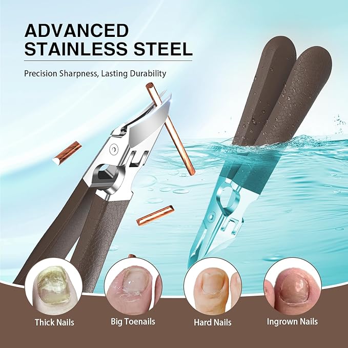 Eagle Beak Slanted Nail Clippers for Thick & Ingrown Toenails, Wide Jaw Opening Anti-Splash Angled Toenail Cutter with Curved Blade, Cuticle Clippers for Seniors, 3-Piece Set with Case
