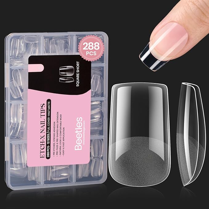 Beetles Short Square Gel Nail Tips 12 Sizes 288 PCS Half Matte Full Cover False Nails Clear Acrylic Nails Glue on Nails for Girls Women DIY Nail Extension