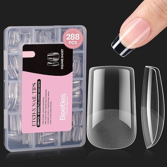 Beetles Short Square Gel Nail Tips 12 Sizes 288 PCS Half Matte Full Cover False Nails Clear Acrylic Nails Glue on Nails for Girls Women DIY Nail Extension