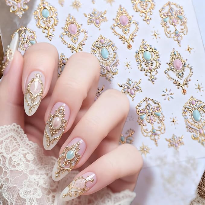 5D Embossed Gem Nail Sticker Luxury Gold Jewelry Nail Art Stickers Self Adhesive Nail Decals Pink Diamond Nail Art for Women Girls Manicure Supplies Nails Art Decorations