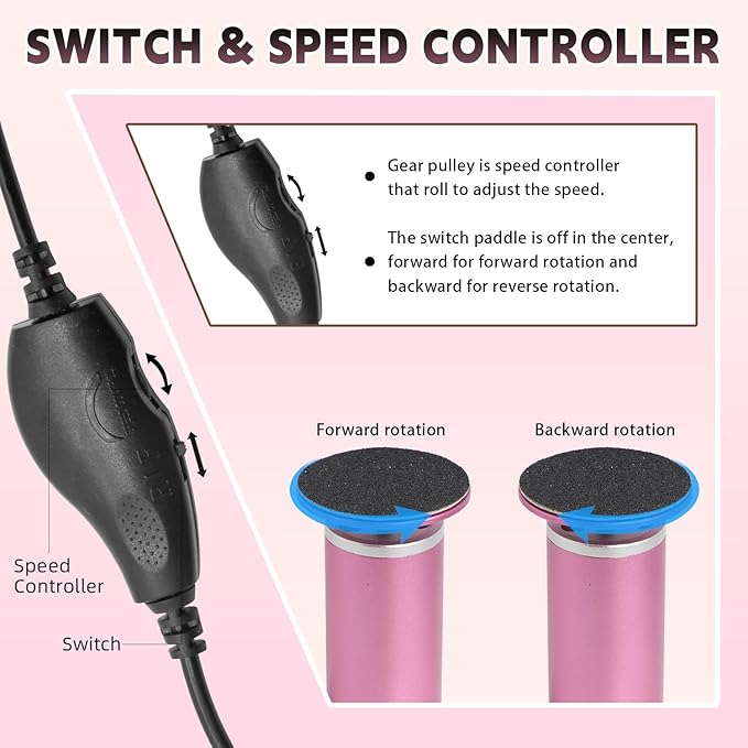Electric Foot File, Callus Remover for Feet, Adjustable Speed Control Pedicure Tools for Dead Skin Calluses with 60 PCS Sandpaper Discs and 5 PCS Nail Drill Bits (Black)