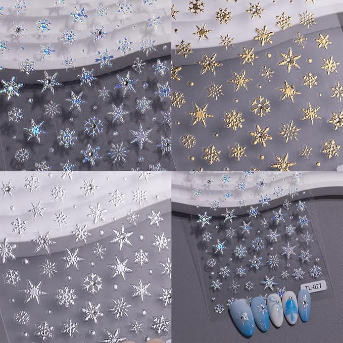 3 Sheets Christmas 5D Embossed Nail Art Stickers White Snowflake with Glitter Gems Nail Art Decals Gold Silver Laser Nail Design Stickers Winter Xmas Nail Stickers for Women DIY Manicure Supplies Kit