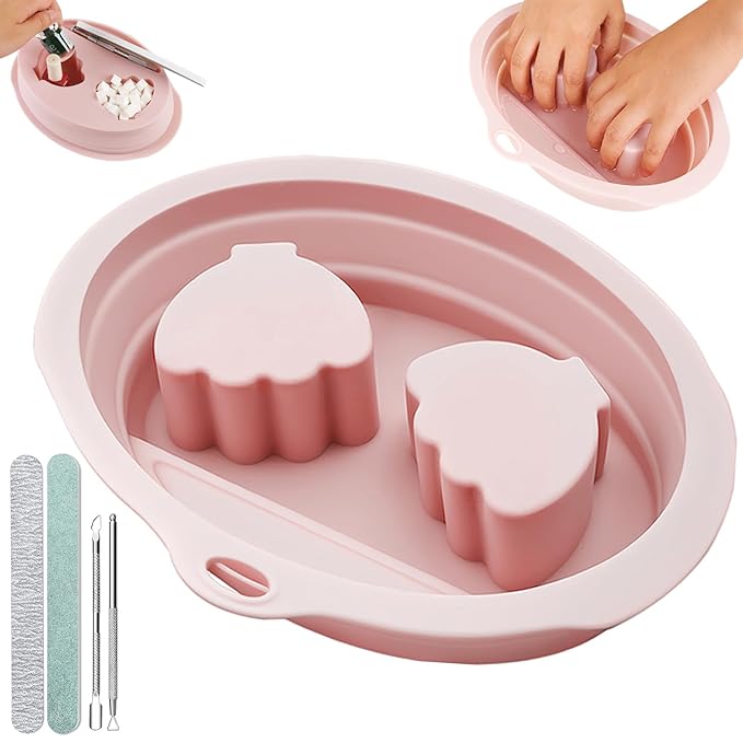 Nail Soaking Bowl, Silicone Foldable Soak Off Gel Polish Dip Powder Manicure Remover Bowl, with Cuticle Pusher, Cuticle Peeler, Nail File