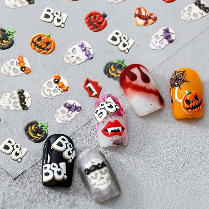 Halloween Nail Stickers for Nail Art - Skull Nail Art Sticker Halloween Pumpkin Skull 5D Embossed Nail Decals Self-Adhesive Nails Supply Manicure Stickers for Nails Decoration