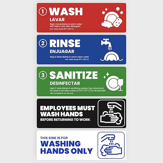 [Enhanced] Wash Rinse Sanitize Sink Labels, Hand Wash Only, and Employee Must Wash Hands | 3 Compartment Sink Stickers | Training Labels for Dishwashing | Food Service Operators (1 Set: 6 x 2 in)