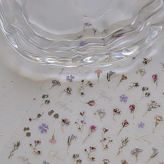 1 Sheet of Hot Stamping Flower Nail Decals, Colorful Dried Flower Nail Stickers, 5D Self-Adhesive Nail Design Stickers, Suitable for Women DIY Spring Summer Floral Nails Decoration Supplies
