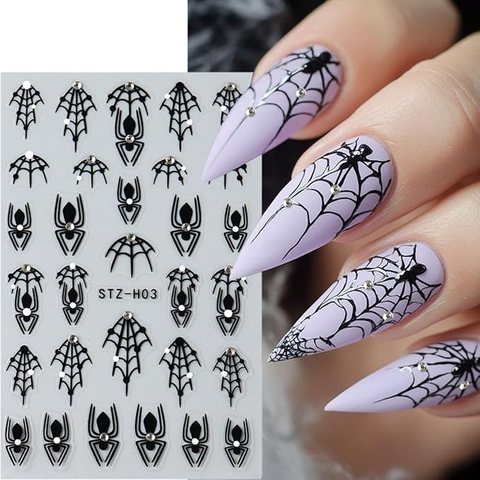 4 Sheets Halloween Nail Decals for Nail Art 3D Spider Web Nail Art Stickers with Diamond Designs Self-Adhesive French Tip Glitter Bat Nail Sticker Skeleton Butterfly Nail Decal for Women Nails Decor