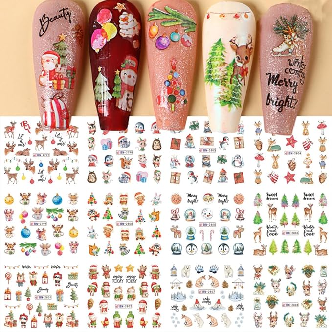 Christmas Nail Art Stickers Decals Snowflake Water Transfer Slider Nail Foils for Christmas Nail Art Supplies Cartoon Santa Claus Elk Gift Polar Bear Winter Design DIY Manicure Tips Stickers for Nails