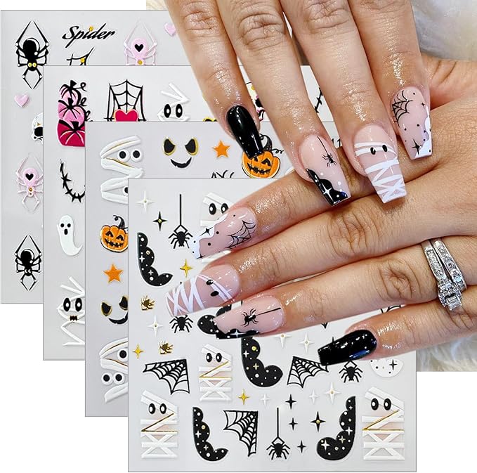4 Sheets Halloween Nail Stickers 5D Embossed Self-Adhesive Mummy Nail Decals Cute Ghost Pumpkin Spider Web Skull Nails Design Stickers Halloween Nails Art Supplies for Women Holiday DIY Manicure Decor