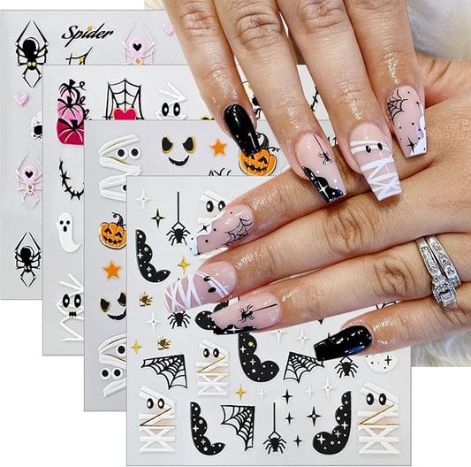 4 Sheets Halloween Nail Stickers 5D Embossed Self-Adhesive Mummy Nail Decals Cute Ghost Pumpkin Spider Web Skull Nails Design Stickers Halloween Nails Art Supplies for Women Holiday DIY Manicure Decor