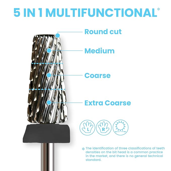 Cross Cut 5 in 1 Tapered Barrel Nail Drill Bits, Professional 3/32'' Safety Tungsten Carbide Bits, Two-way Rotation, Manicure Pedicure Cuticle Gel Removal Polishing, Extra Coarse.