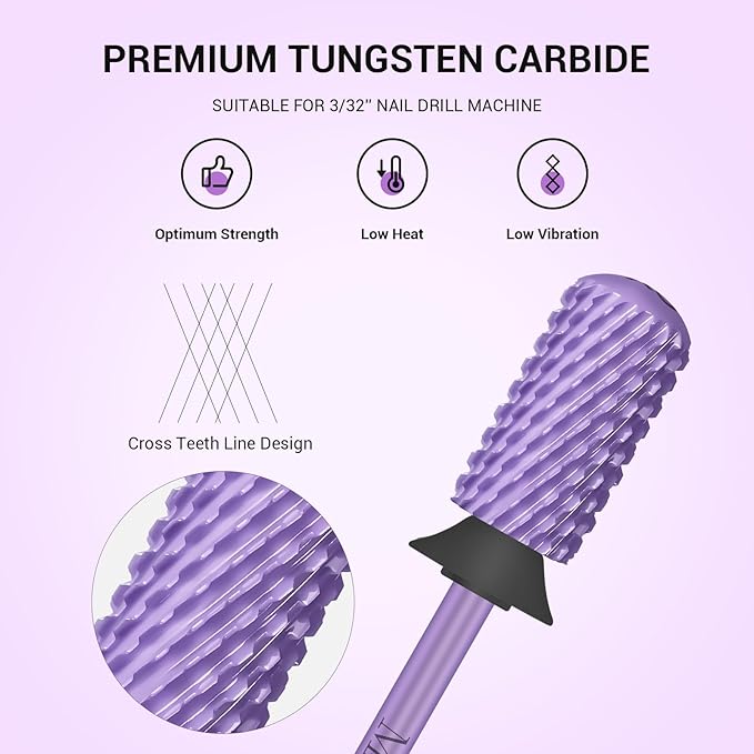 MelodySusie Safety Nail Drill Bits, 3/32'' Smooth Round Top Large Barrel Carbide Bits, Suitable for Manicure Pedicure Cuticle Gel Polishing, Beginners Bits, Purple, Series Bit-S, XC