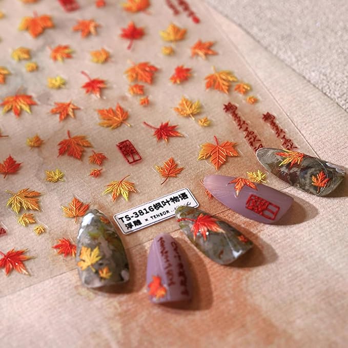 Maple Leaf Nail Art Stickers Fall Nail Stickers 5D Embossed Nail Decals 1PCS Falling Leaves Autumn Nails Design Nail Art Supplies Fall Sticker for Nails Thanksgiving Day DIY Manicure Nail Decorations