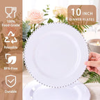 100Pcs White Plastic Dinner Plates Beaded Silver Plastic Plate Set | Heavy Duty - Image 3