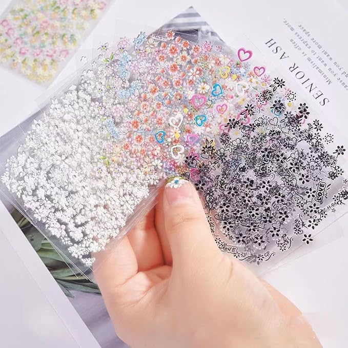 30 Sheets Flowers Nail Art Stickers Cute Daisy Floral Design Decals 3D Self-Adhesive White Black Colorful Flower Nail Stickers Decoration‌ for Women Girls Acrylic Nail Supplies Accessories