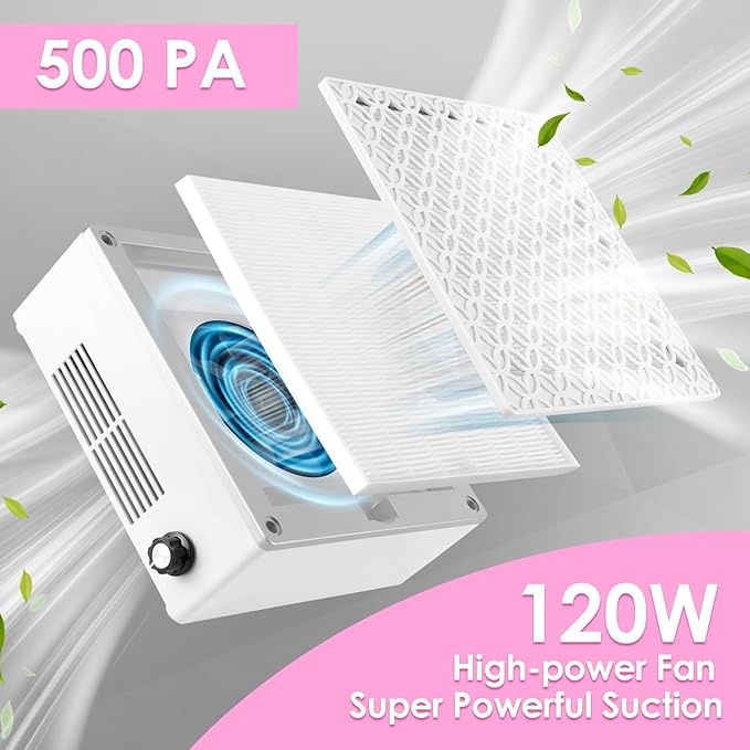 Nail Dust Collector Dust Collector Machine Reusable Filter & Powerful 120W (White, Fixed Speed Version)