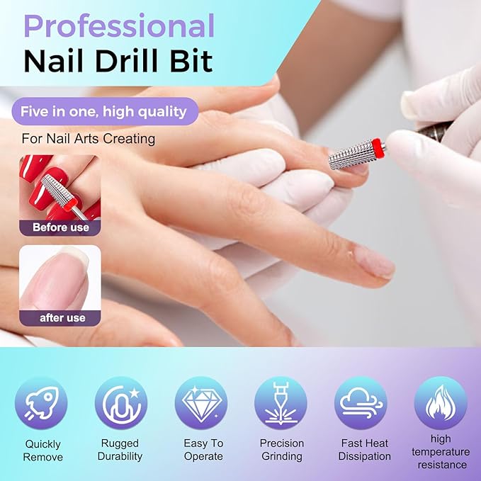 Fantexy 5 in 1 Nail Drill Bits,Professional 3/32" Shank Tungsten Steel Bits for Acrylic Nails,Manicure,Nail Art,Drill Machine,Both Left and Right Handed - Two Way Rotate Use (Fine - F)