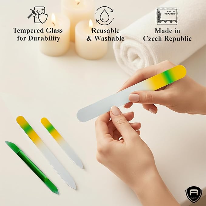 Alban Czech Glass Nail File Parent (Yellow & Green & Green Manicure, 5, Count, 180/240 Grit)
