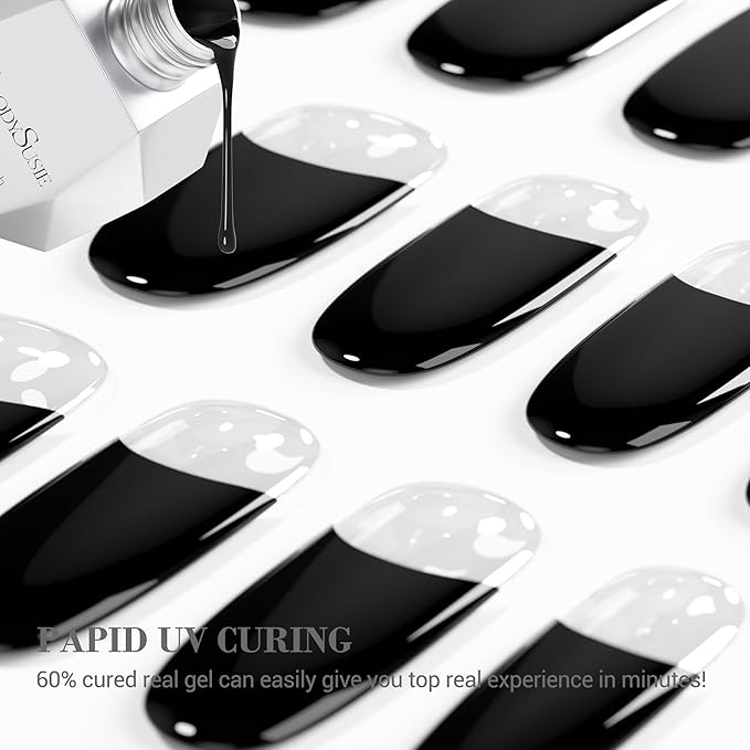 MelodySusie Semi Cured Gel Nail Strips (Black French Tips), 20 PCS Classic Nail Stickers, UV Light Required, Durable and Salon Quality