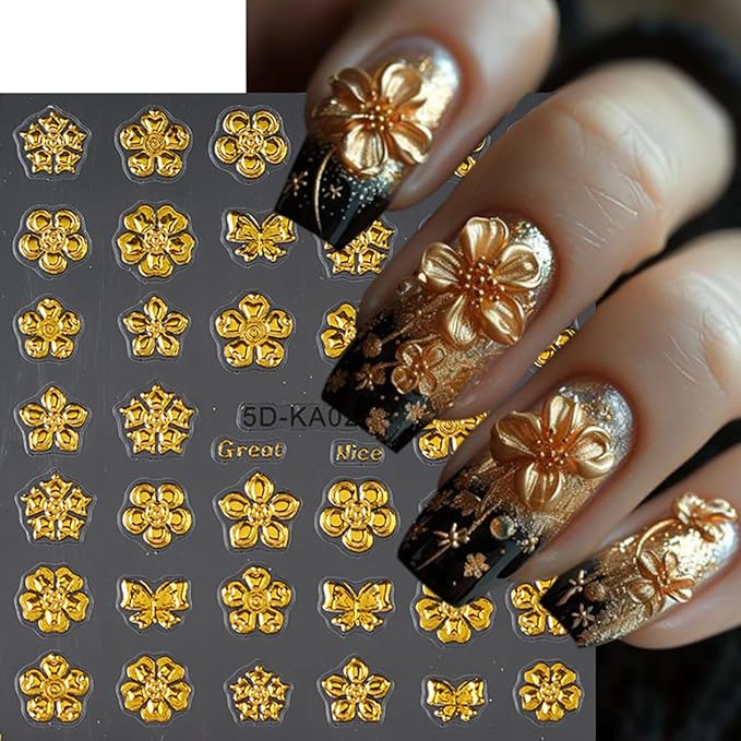 5D Gold Nail Stickers Embossed Bronzing Butterfly Flower Nails Decals Self Adhesive Retro Totem Floral Nails Design Sticker Fall Nail Art Stickers Decor for Women Acrylic Manicure Accessories 2Pcs
