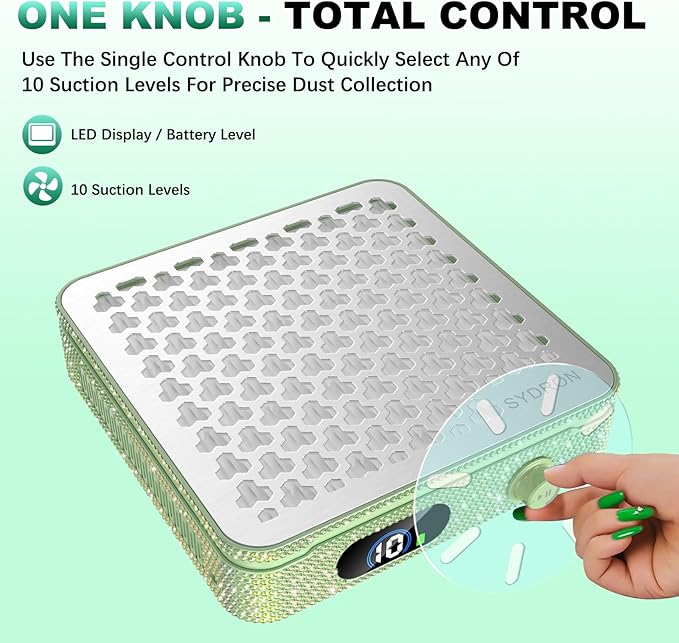 Nail Dust Collector | 1000PA Dust Collector Nail Tech | 10 Speed Levels | Low Noise & Strong Suction | Reusable Filter, 10 Pads + Nail Dust Brush | for Acrylic Nails, Salon & Home -Grass Green Diamond