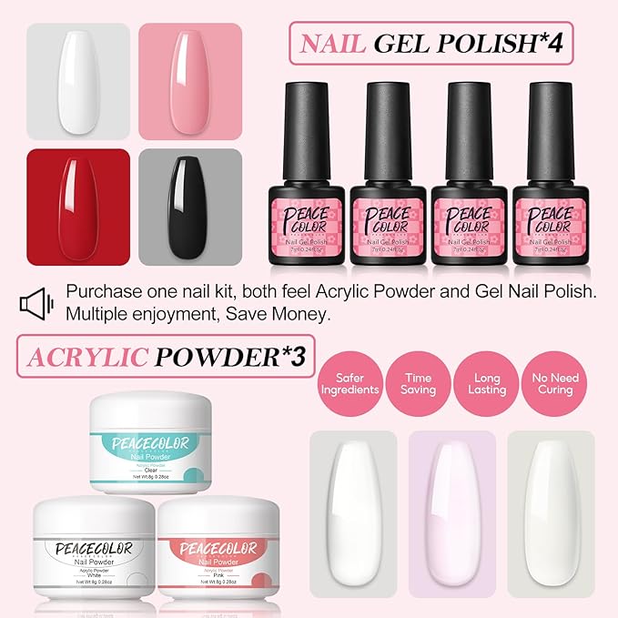 Peacecolor Acrylic Nail Kit for Beginners with Everything,Professional Nail Kit Acrylic Set with Drill U V Light 21Pc Glitter Powder Gel Polish Decorations Gel Nail Gift Set for Home Salon