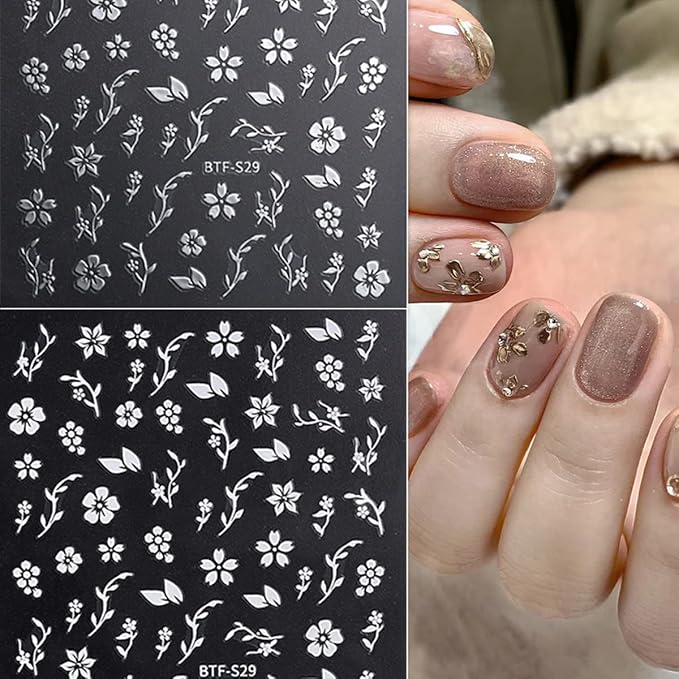 6 Sheets Gold Nail Art Stickers,3D Metallic Self-Adhesive Nail Decals Gold Silver Black White Cherry Blossom Rose Leaf Butterfly Nail Design Bronzing Flower Nail Sticker for Women Manicure Decoration
