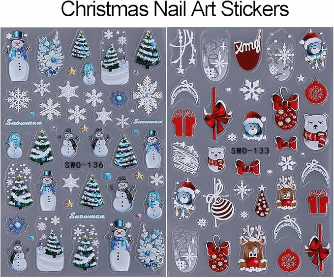 Christmas Nail Art Stickers Snowman Nail Decals with Christmas Tree Elk Snowflakes Design 3D Self-Adhesive Nail Stickers Acrylic Nail Supplies for Women DIY Xmas Decor 2 Sheets