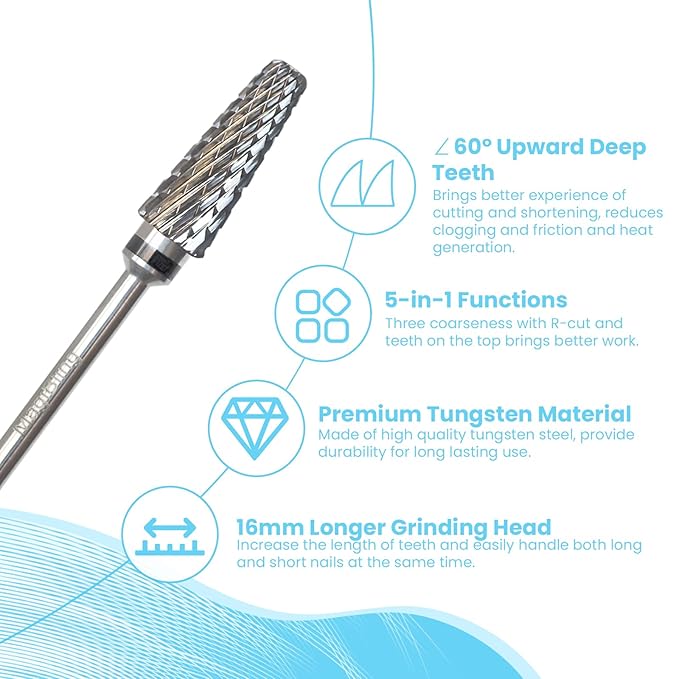 Super Cut 5 In 1 Nail Drill Bits, Tapered Barrel 3/32'' Safety Tungsten Bits, Upward Cut for Hard Gel Removal, Right Hand Use, Manicure Cuticle Gel Polishing, Technicians Bits, Extra Coarse.